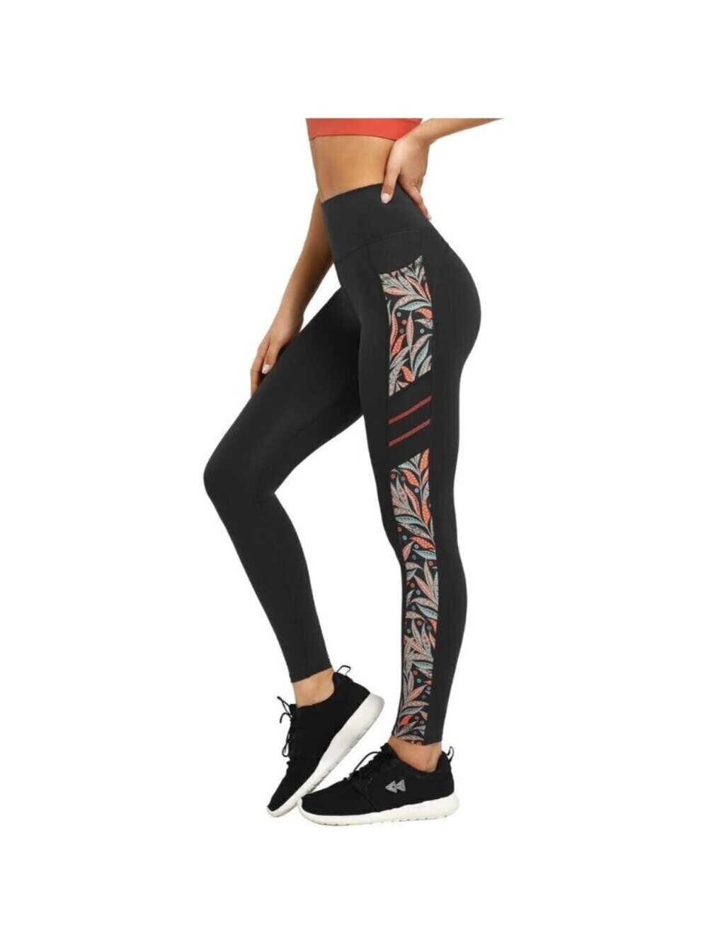 🆕Women Orange Printed Polyester High-Waisted Tummy Control  Pants with Pocket